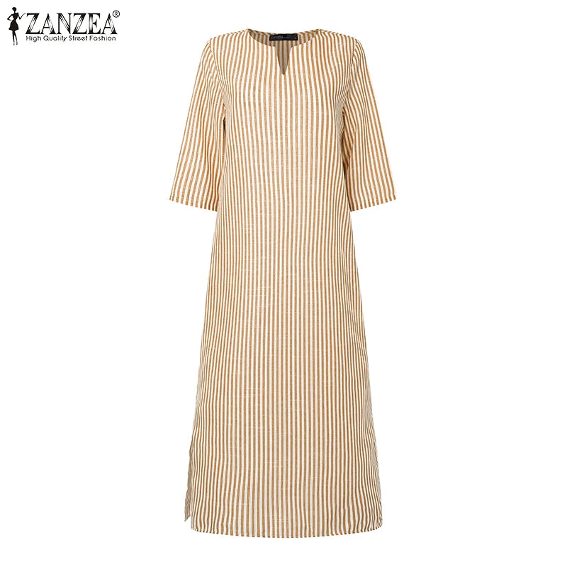 2025 Autumn Striped Dresses ZANZEA Fashion Women V Neck Long Sleeve Work Dress Elegant Office OL Sundress Maxi Long Vestido Robe
