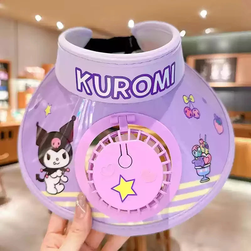 New Cute Kuromi Kids Sun Hat with Cooling Fan Summer Breathable Uv Protection Cap for Boys Girls Outdoor Play Wide Brim Visor