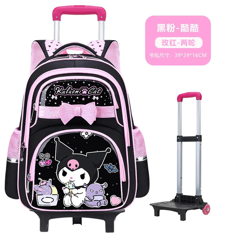 New Kuromi Trolley School Bag Melody Girls Trolley Bag Stationery Storage 2 Wheels/6 Wheels Telescopic Folding Climbing Floors