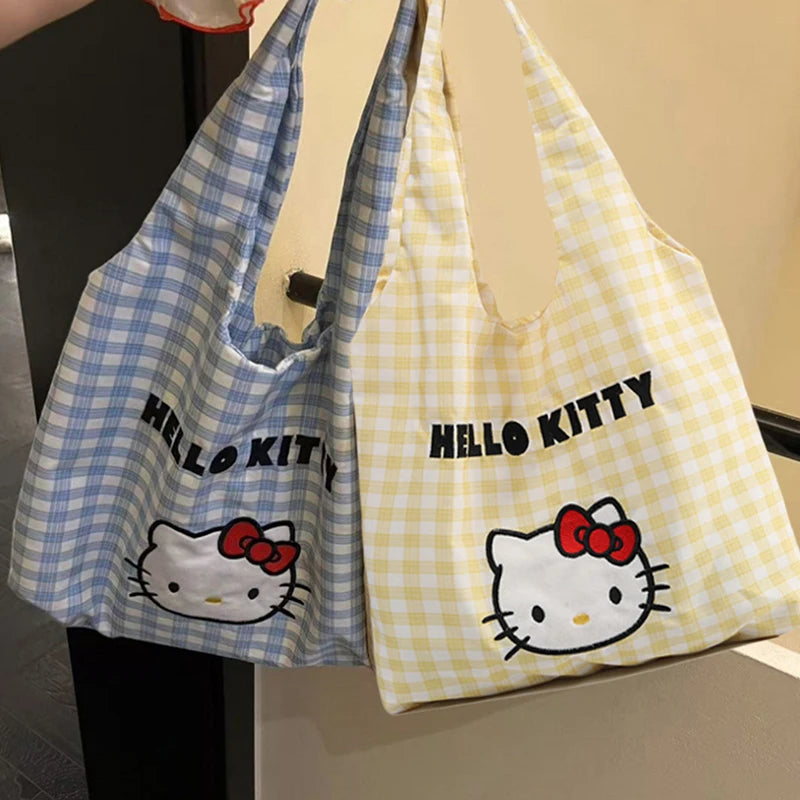 Cartoon Sanrio Hello Kitty Plaid Handbag Commuting Light Portable Summer Storage Shoulder Handbag High Capacity
