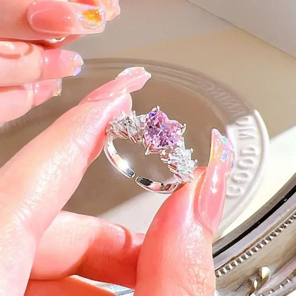 Adjustable Crystal Rings Y2K Pink Irregular Geometry Vintage Bowknot Heart Ring Set for Women Girl 2023 New Fashion Jewelry Gift
