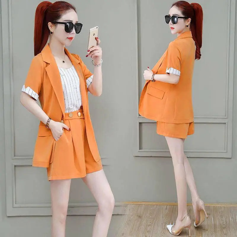 2025 Summer New Suit Jacket Shorts Suspenders Three-piece Women's Professional Wear Korean Fashion Blazers Coat Vest Pants Set
