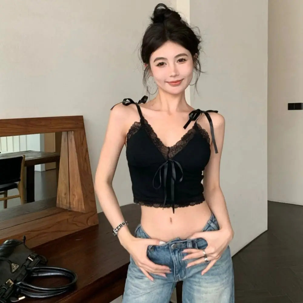 Sensually Innocent Style Ribbon Lace Camisole Slim Fit Ballet Summer Tube Top with Breast Pad INS Hip Hop Short Tank Women Girl