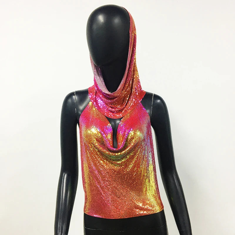 Women Metal Sequins Tank Top With Turban 2 Piece Sexy V Neck Backless Suspender Top Rave Festival Party Nightclub Camisole