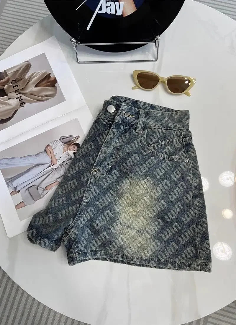 Letter Printed Denim Shorts Women Design High Waist Loose Slimming Wide-leg A-line Hot Pants