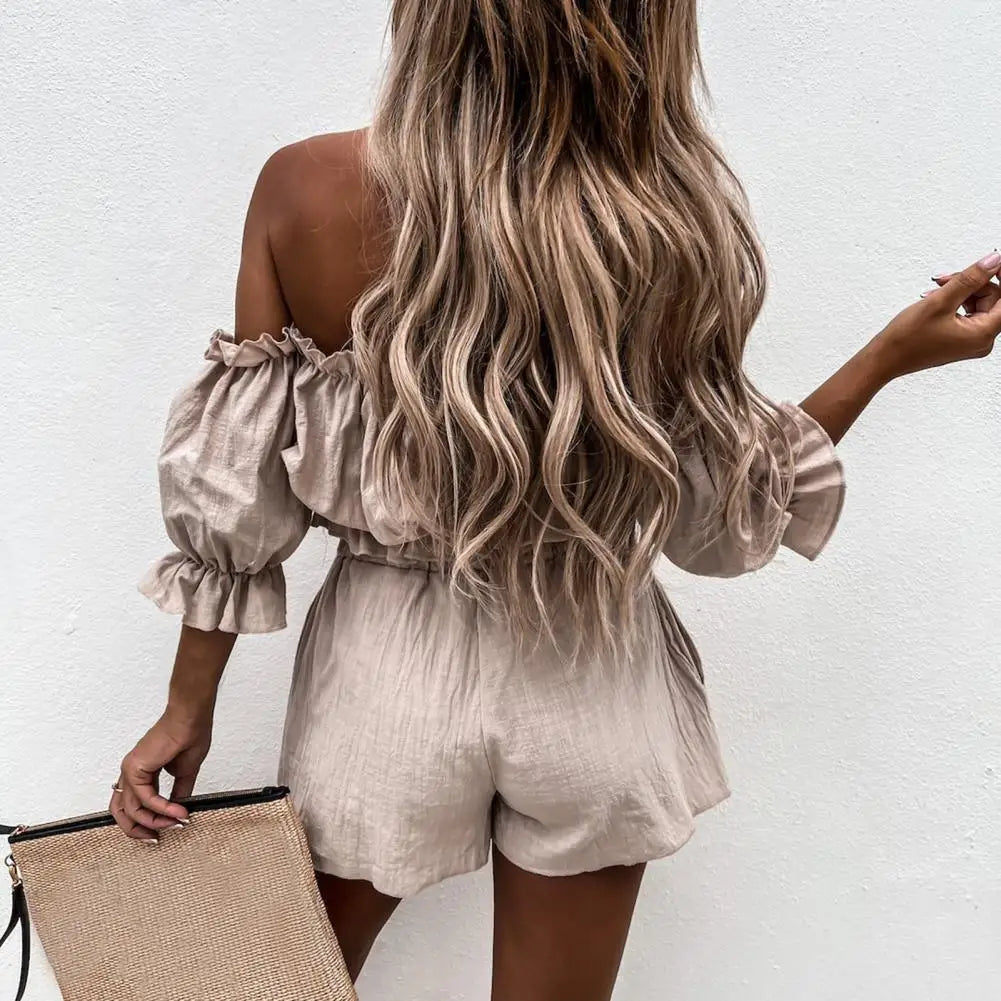 2Pcs/Set Women Matching Set Ruffles Off-shoulder Half Sleeve Lady Summer Crop Tops Shorts Outwear Sexy Beach Set for Daily Wear