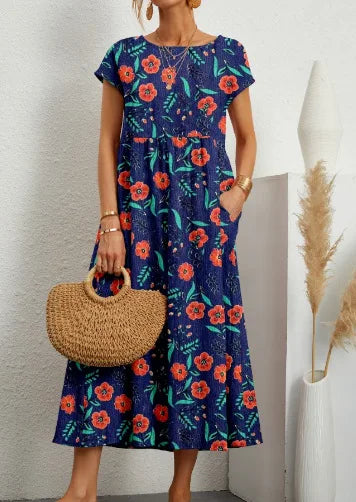 Fashion Women's Cotton and Linen Dress, Round Neck Printed Short Sleeved A-line Maxi Skirt, Unique Floral Long Dresses Vestidos