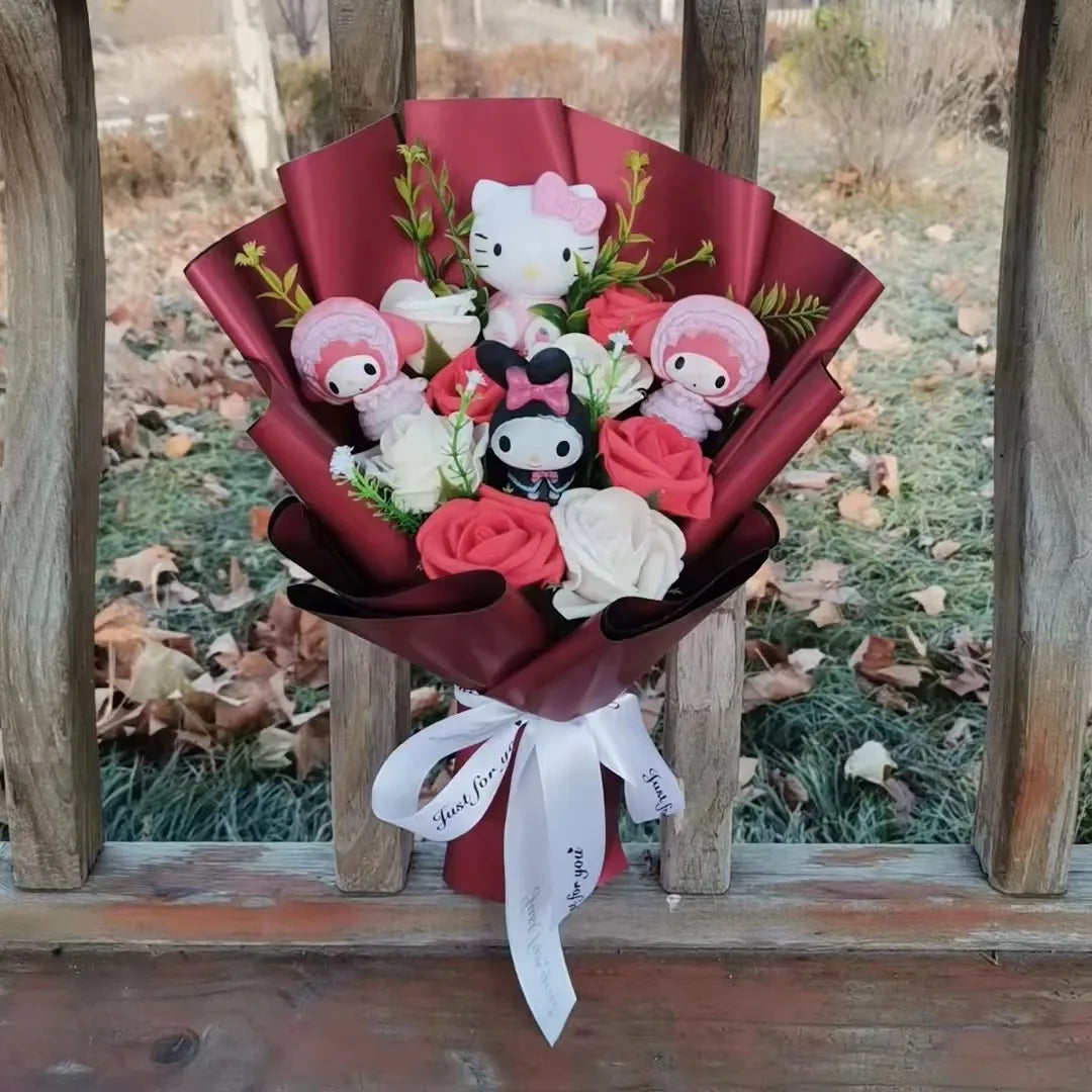 Hello Kitty Cartoon Plush Bouquet Anime Rose Soap Flowers Doll Home Wedding Decoration Christmas Valentine's Day Gift