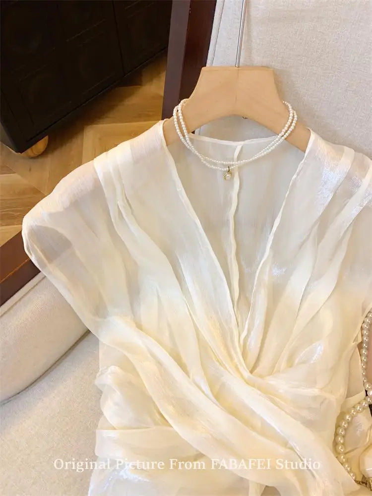 French Cross V-Neck Chiffon Blouse Women's Summer Premium Linen Sleeveless Irregular Tulle Top