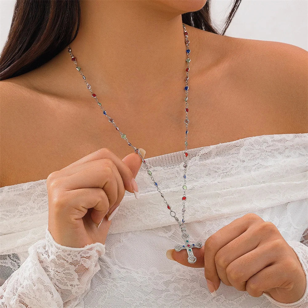 Unique Cross Pendant Necklace for Women Simple Crystal Necklace Sweater Chain Long Y-shaped Necklace Y2K Party Jewelry 2024