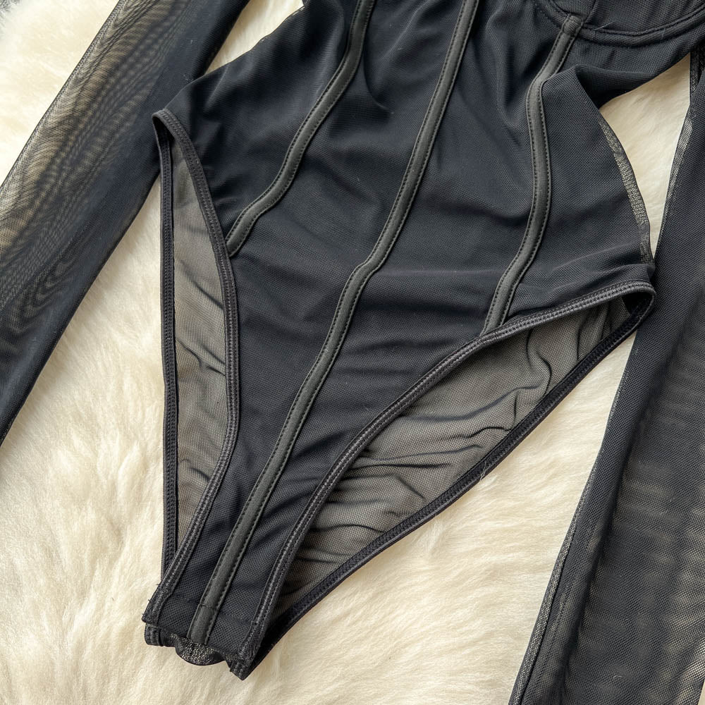 Women Sexy Mesh V Neck Slim Bodysuit Chic Long Sleeve Fashion Elastic Bodycone Jumpsuits Spring Autumn Hotsweet Gothic Playsuits