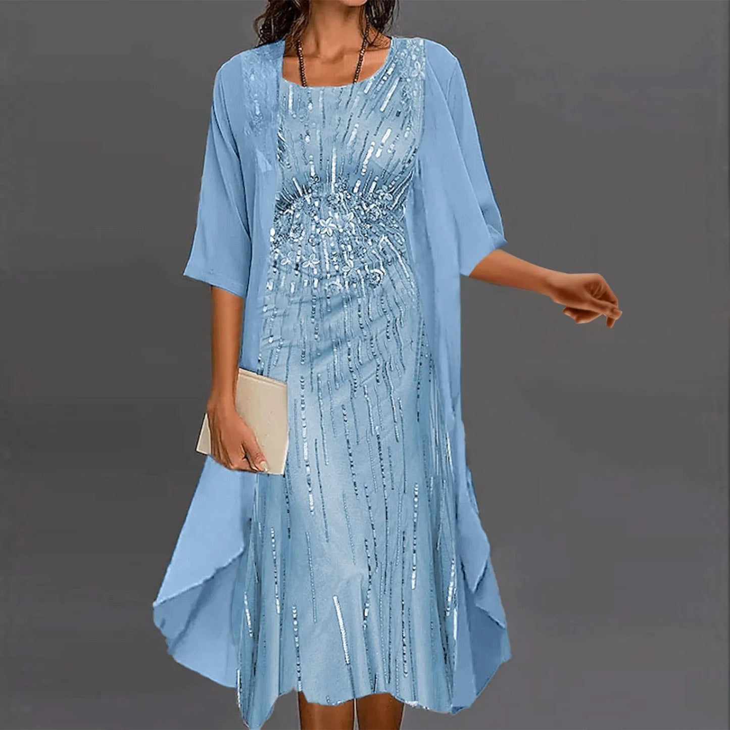 Formal Party Dresses Women Elegant Shiny Sequins Solid Color O-Neck Evening Dress Wedding Dress Two Piece Set Dress Vestidos