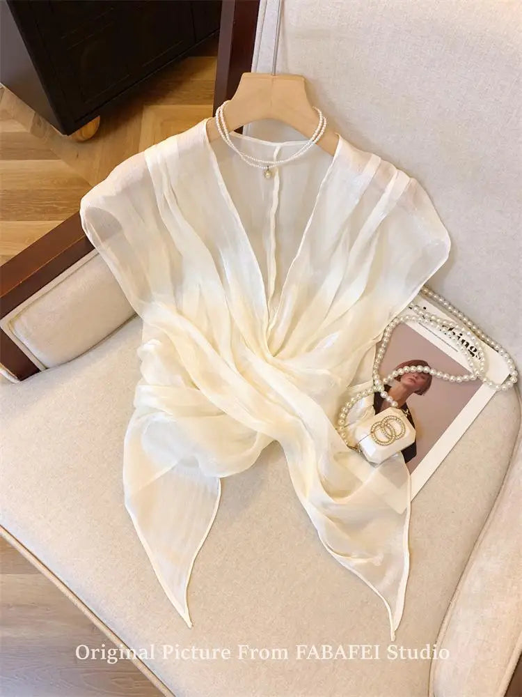 French Cross V-Neck Chiffon Blouse Women's Summer Premium Linen Sleeveless Irregular Tulle Top