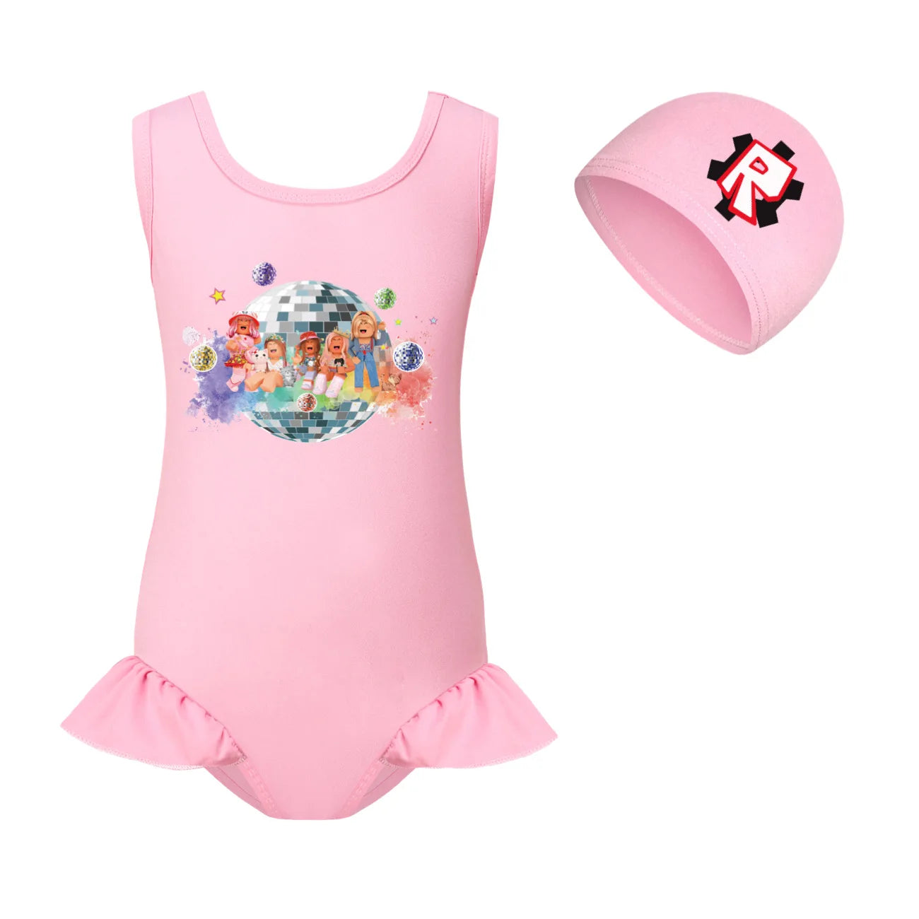 ROBLOX Kids Tie-dye Print One-piece Swimsuit for Teen Girls Pink Swimwears Bathing Suits 2-10 Years Decorative Daily Necessities