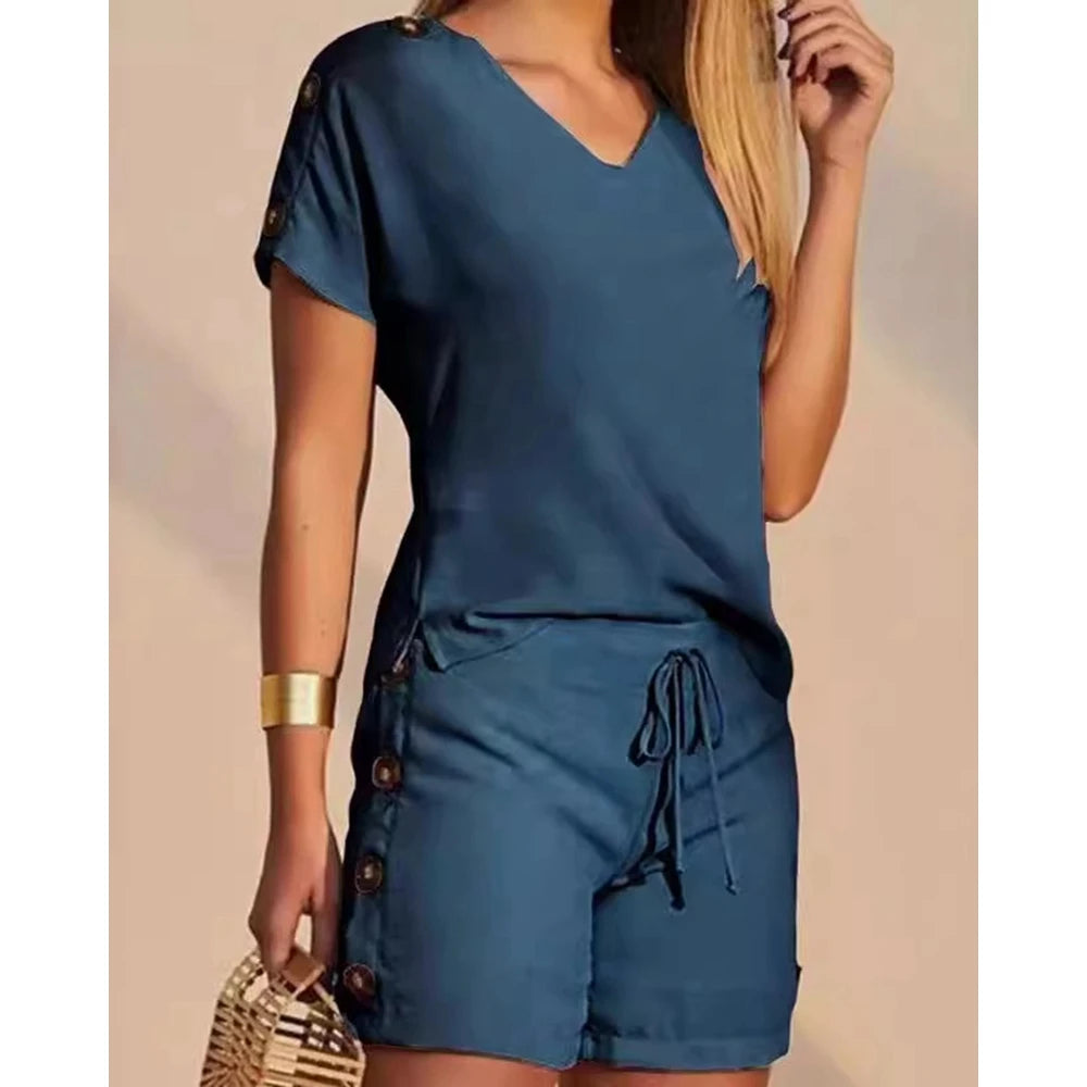 Women Buttoned Short Sleeve V-Neck Top & Drawstring Shorts Sets Women 2 Pieces Casual Two Pieces Set Summer Outfits Clothing