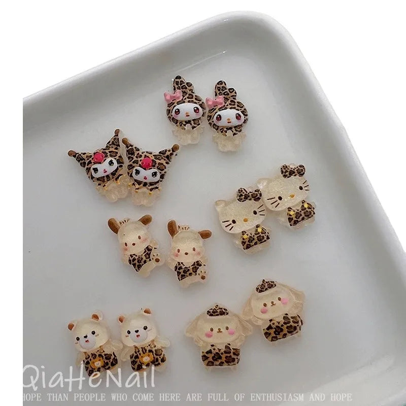 Sanrio Hello Kitty, Melody & Kuromi Cartoon Nail Accessories - 10PCS Cute Mini Resin Trinkets, Leopard & Maillard Print Pattern,