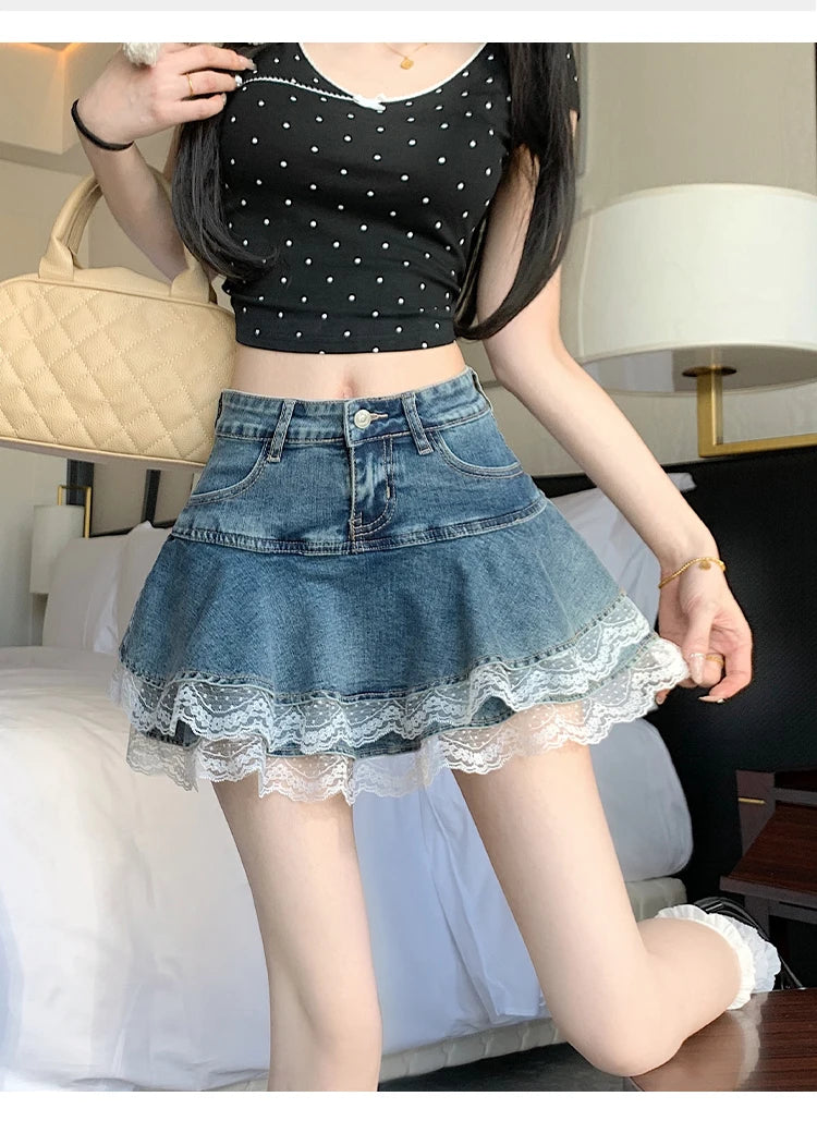スイートセクシーデニムケーキスカート レディース レトロ ハイウエスト Aライン ミニスカート 女性用 韓国ファッション カジュアル ストリートウェア プリーツスカート Y2K