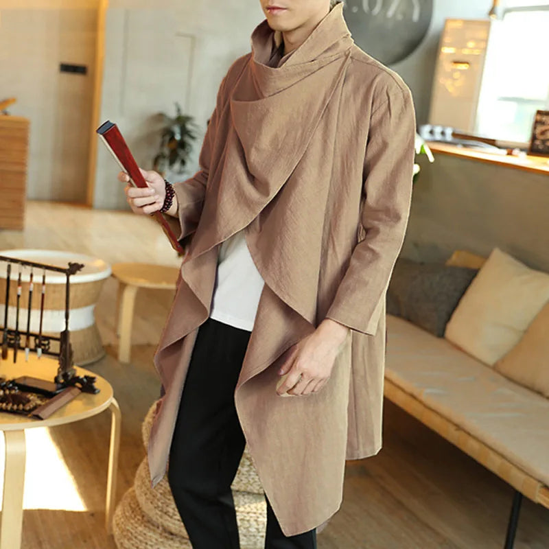 Men's Cotton Linen Cloak Long Irregular Cape Autumn New Long Sleeve Coat
