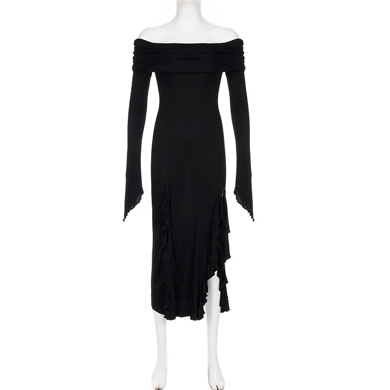 SUCHCUTE Elegant Off Shoulder Ruffles Split Long Dress Black Fashion Long Sleeve Party Dresses Women Beach Vacation Outfits 2024