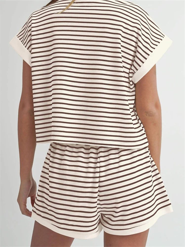 CHRONSTYLE Women Loose Casual Knitted 2 Piece Outfits Short Sleeve Striped Print Sweaters Tops Shorts Set Summer Fall Streetwear