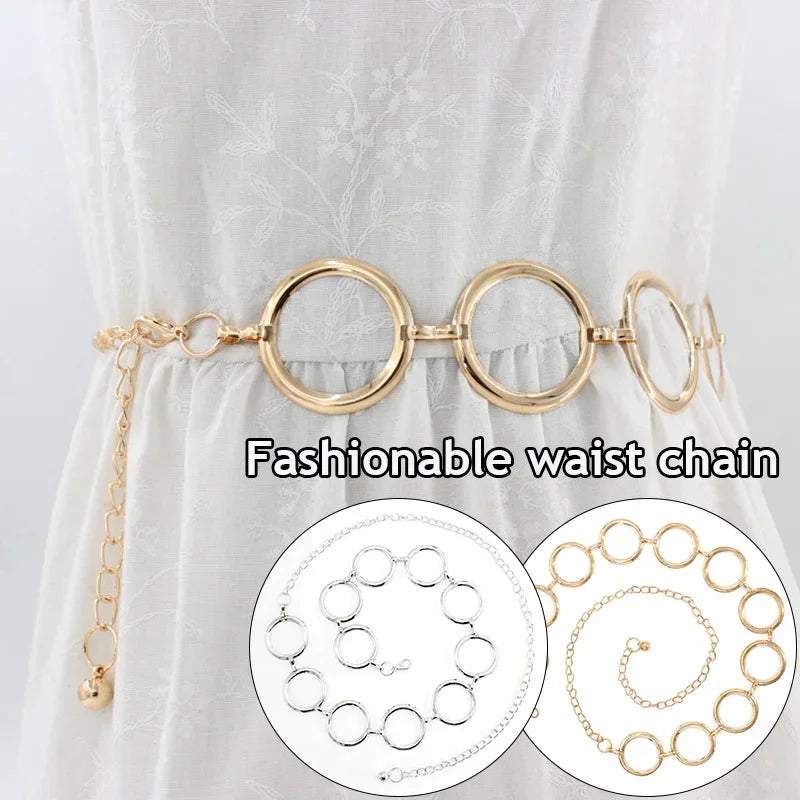 Simple Alloy Large Round Ring Waist Belt Fringes Ring Waist Chain Women Circle Metal Chain Belt Geometric Long Hollow Waistband