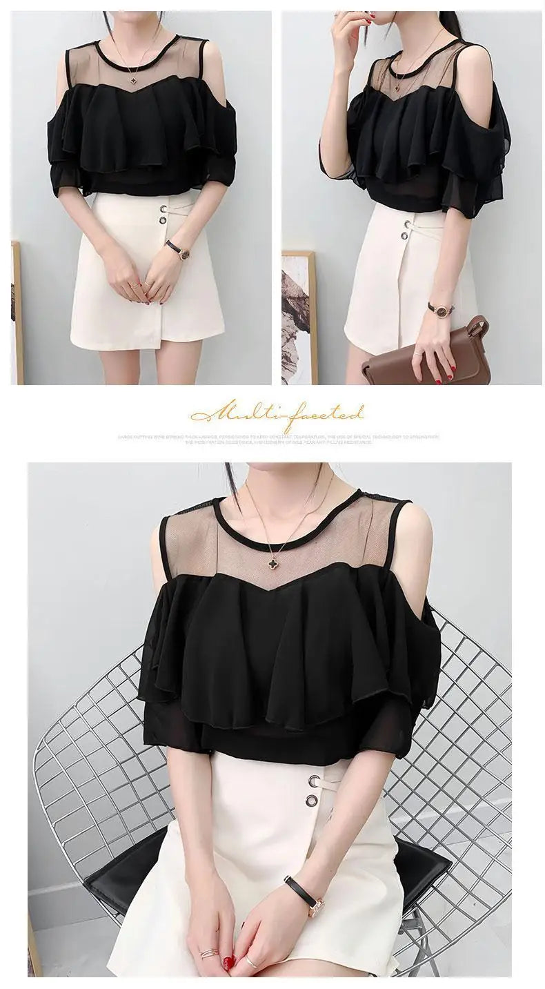 Off Shoulder Sexy Chiffon Blouses Women 2025 Summer Korean Fashion Clothes Ruffles Slim Sweet Ladies Casual Lace Tops Shirts Y2k