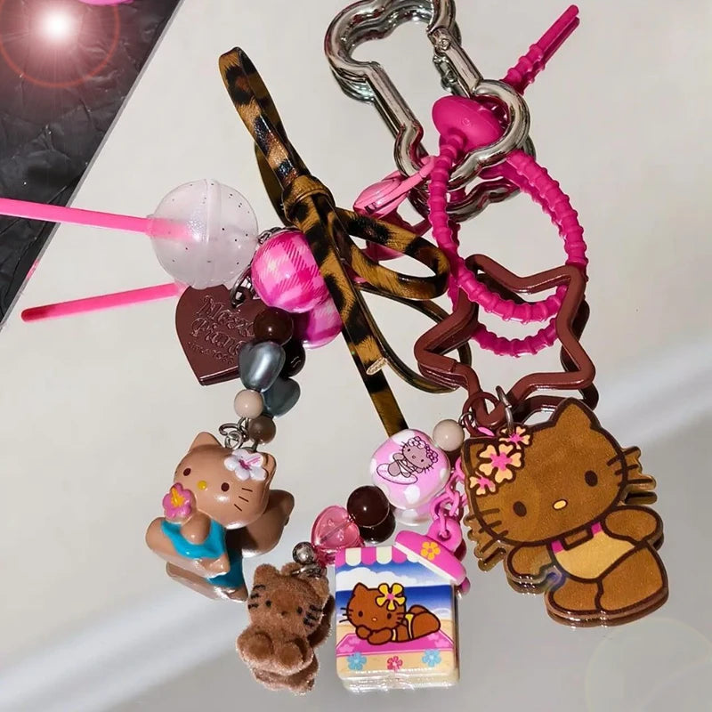 Hawaii Sanrios Charm Keychains Y2k Anime Summer Hellokittys Bag Keyring Pendant Vintage Backpack Accessories for Girls Gifts