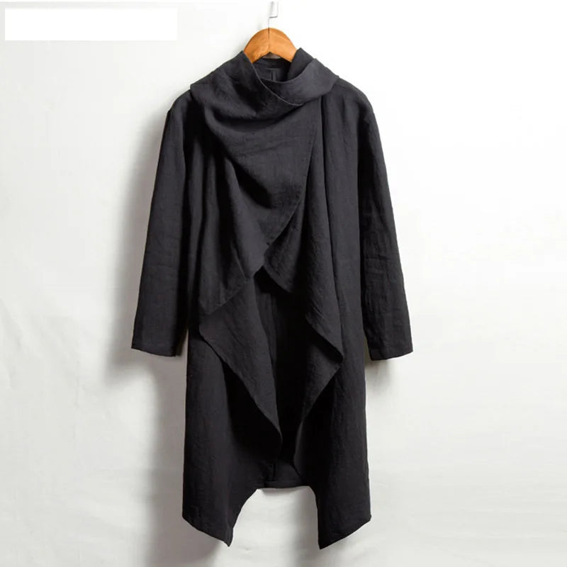 Men's Cotton Linen Cloak Long Irregular Cape Autumn New Long Sleeve Coat