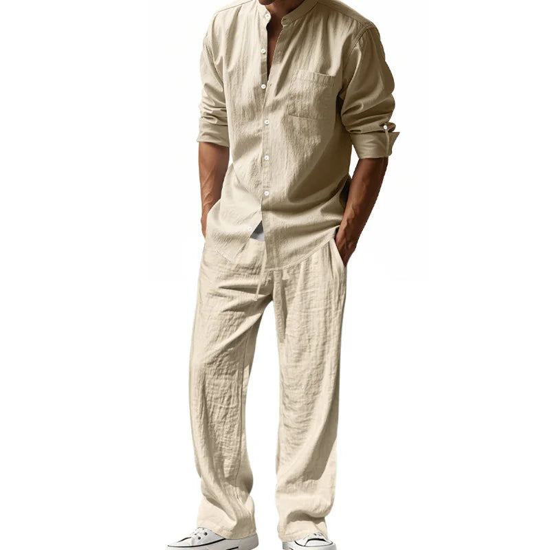 2025 New Spring and Summer Men's Suit Linen Casual Loose Breathable Long Sleeves Shirt Trousers 2Set of Beach Vacation Essential