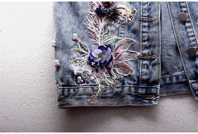 Women Denim Vest Jacket New Autumn Embroidery Beads Sleeveless Vintage Hole Jeans Vest Jacket Overcoat Female Tops Waistcoat