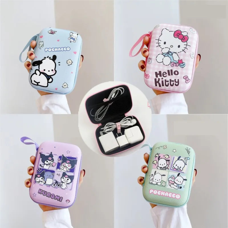 Sanrio Hello Kitty Kuromi Data Cable Storage Bag Anime Cartoon Portable Charger Earphone Coin Sorting Case Organizer Carry Box