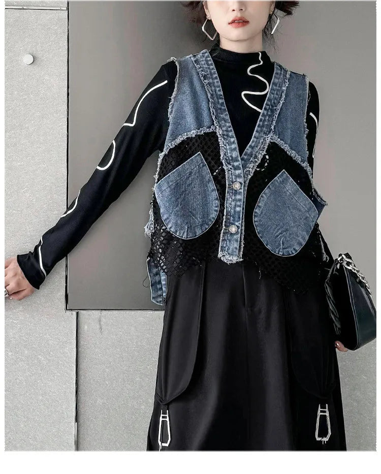 Grid Stitching V-Neck Denim Vest Women's Summer Fried Street Fashion Brand Loose Burrs Short Sleeveless Vests Jackets Female