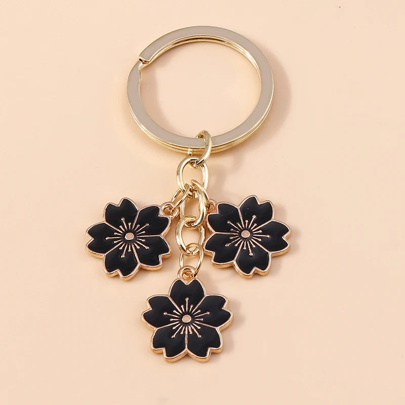 Cute Enamel Keychain Colorful Sakura Flower Key Ring Sweet Key Chains for Women Girls Handbag Accessories DIY Jewelry Gifts