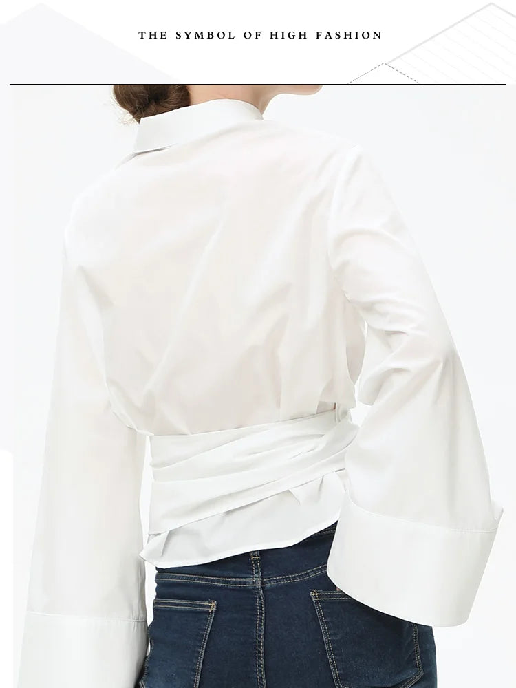 New Women's Fashion Casual Polo Neck Bow Tie up Short Edition Double Breasted Poplin Shirt