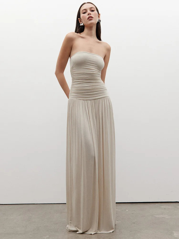 Mozision Off-shoulder Strapless Pleated Sexy Maxi Dress Women Fashion Backless Sleeveless High Waist Ruched Long Dress Elegant