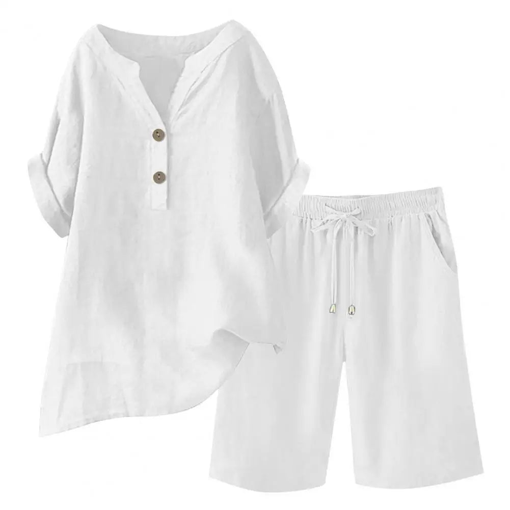 Women 2-piece Set Women's Cotton Linen 2 Piece Outfits Short Sleeve V-neck Top Wide Leg Shorts Set for Summer Lounge Wear Women