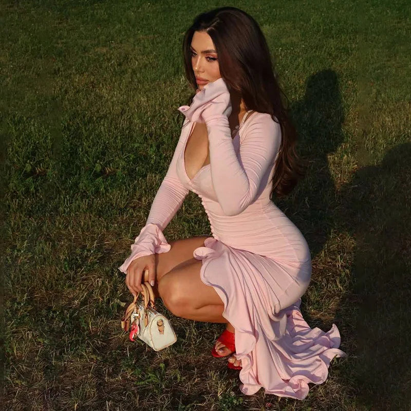 Sibybo Ruffles V Neck Bodycon Maxi Dress Women Fashion Single-breasted Flare Sleeve Side Split Irregular Party Dresses Robes