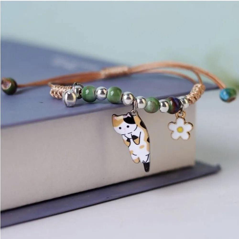 Cartoon Enamel Animal Cat Flower Bracelet for Girl Kids Women Charm Pet Pendant Strap Rope Bracelets Handmade Friendship Jewelry