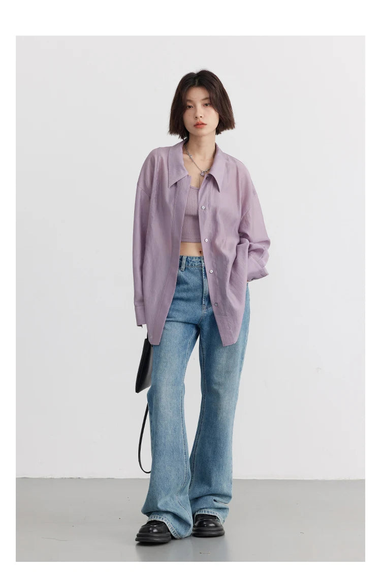 CHIC VEN Women Thin Shirt Long Sleeve Casual Loose Slightly Transparent Cool Blouses Woman Solid Design Female Top Summer 2024