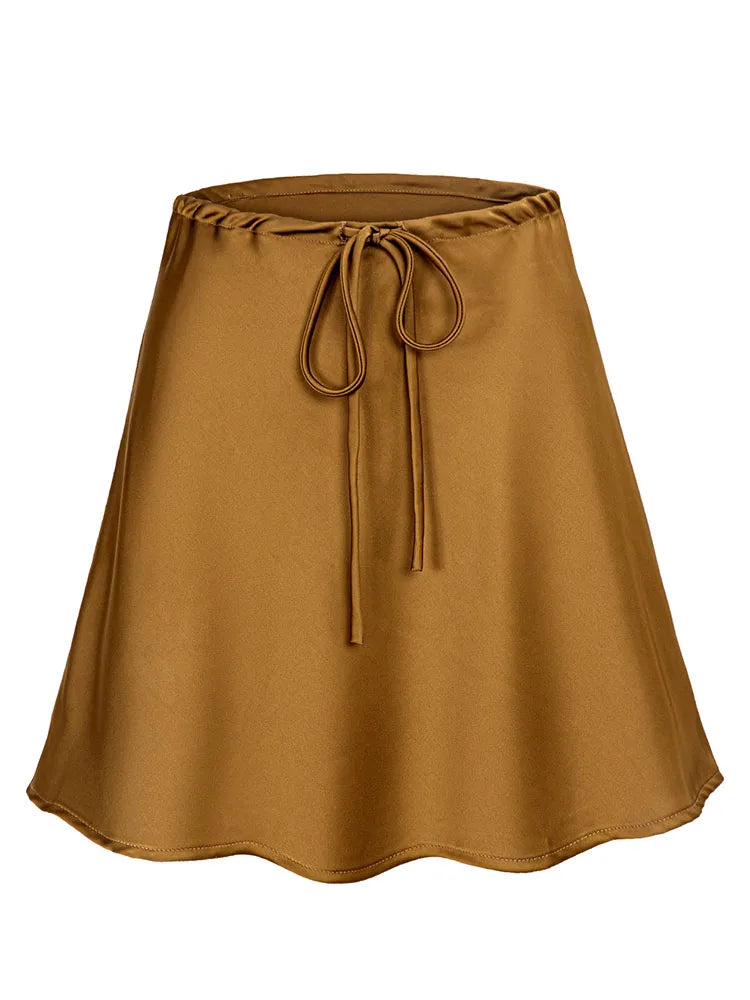 Satin Mini Skirts Women Summer Beige Silk Short Skirt For Woman Drawstring High Waist Black Satin Skirt A Line Women Short 2025