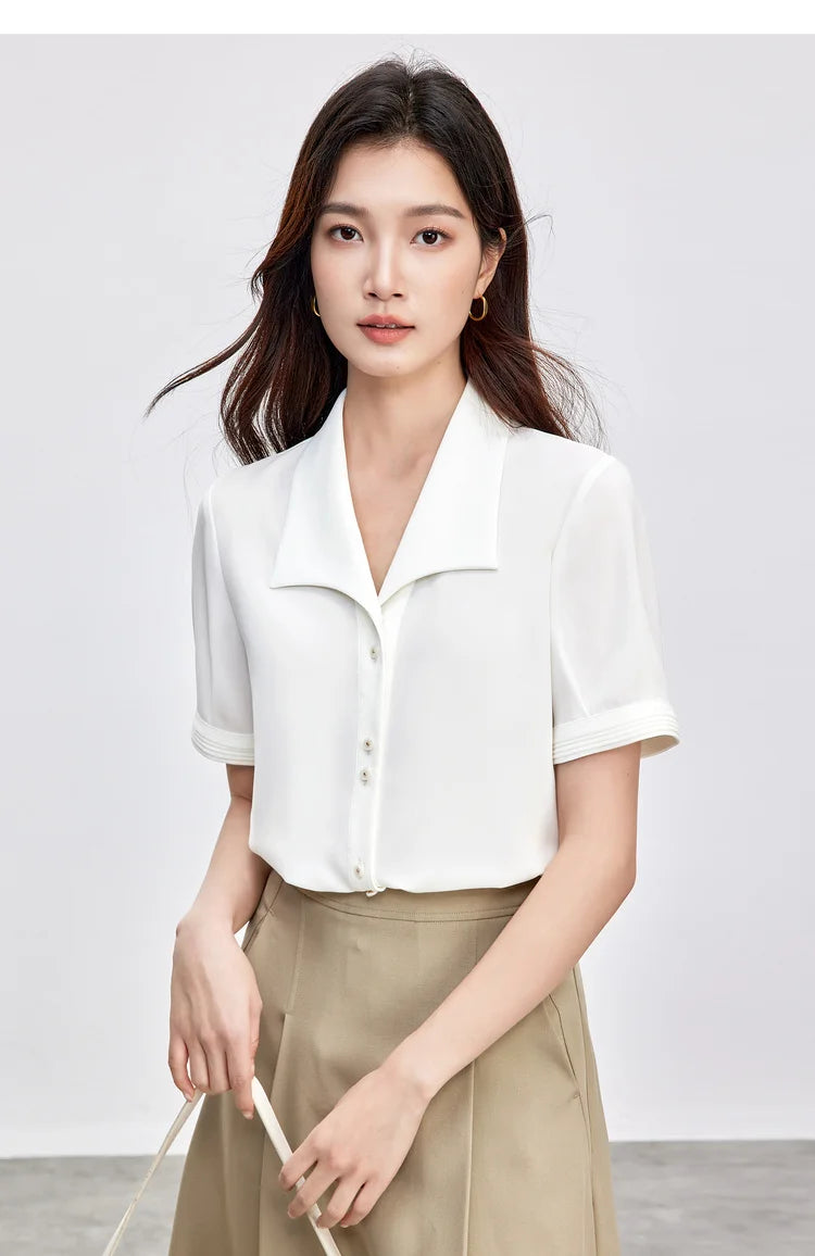 SENTUBILA Turn Down Collar Shirt Women Summer 2025 Twill Texture Chic Button Short Sleeve Elegant Solid Woman Blouse 152C87931