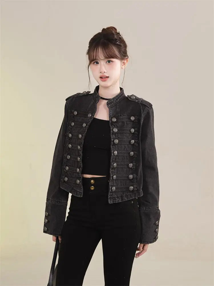 Women's American Retro Denim Military Inspired Cropped Jacket Long Sleeve Stand Collar Casual Motorcycle Coat