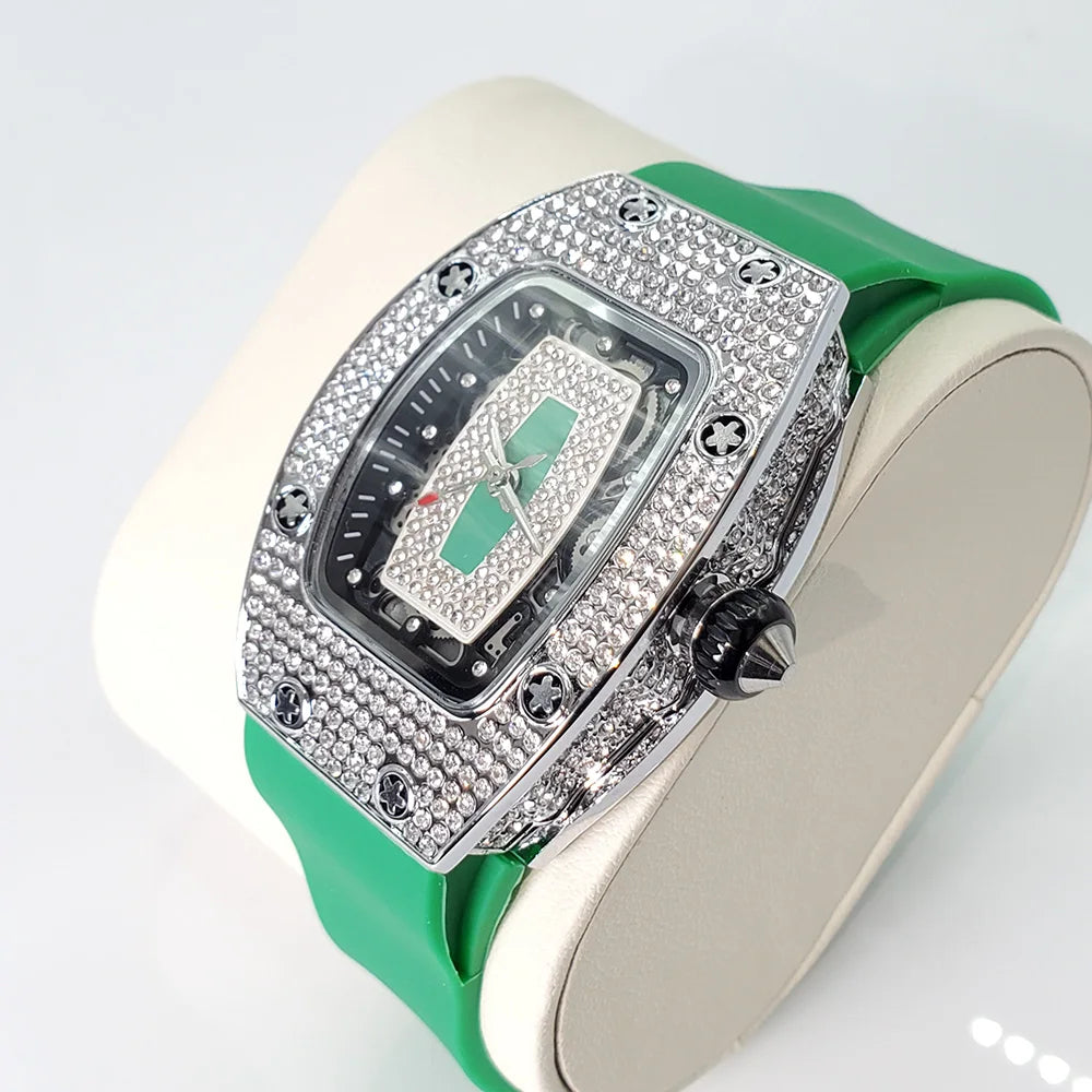 Luxury Diamond Watch For Women Elegant Tonneau Original Design Watches Fashion Ice Out Sport Rubber Strap Waterproof Mille Clock