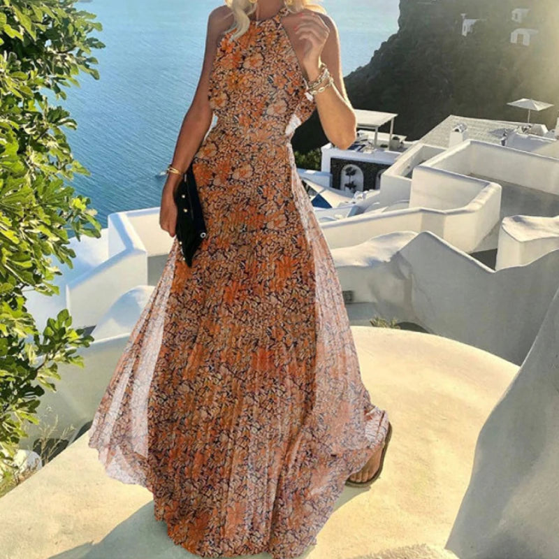 Polka Dot Print Pleated Maxi Dress Women Bohemian Sundress Summer Halter Backless High Waist Loose Party Dresses Long Elegant