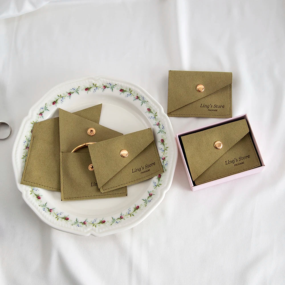 100Pcs Luxury Dark Green Microfiber Gold Snap Bag Envelope Button Purse Pouch For Ring Earrings Headset Coin Soap Gift Organizer