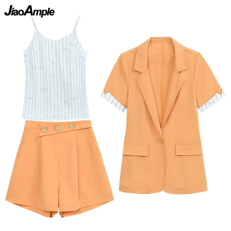 2025 Summer New Suit Jacket Shorts Suspenders Three-piece Women's Professional Wear Korean Fashion Blazers Coat Vest Pants Set