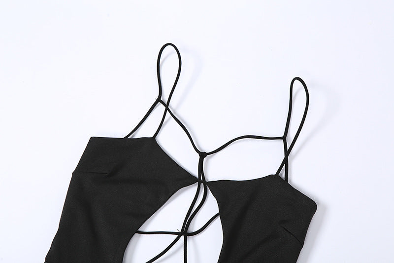 Combhasaki Womens Solid Color Thin Spaghetti Straps Backless Round Cutout Hole Slim Fit Suspender Party Club Slim Fit Long Dress