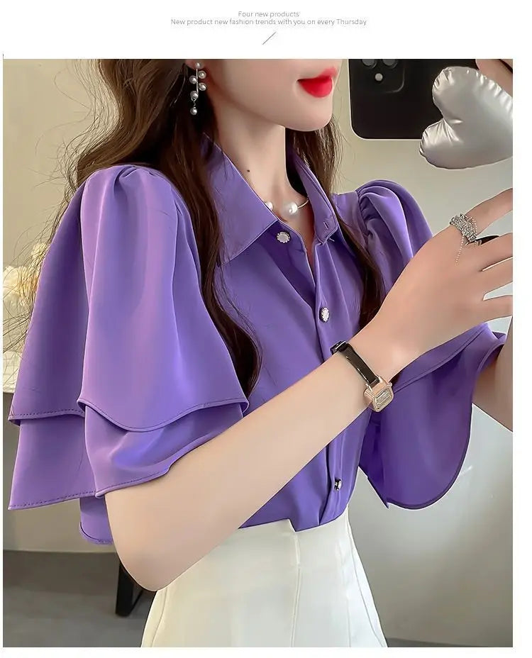 French Lady's Summer Loose Shirt Women's New Loose Blouse Solid Color Ruffle Short Sleeve Chiffon Top