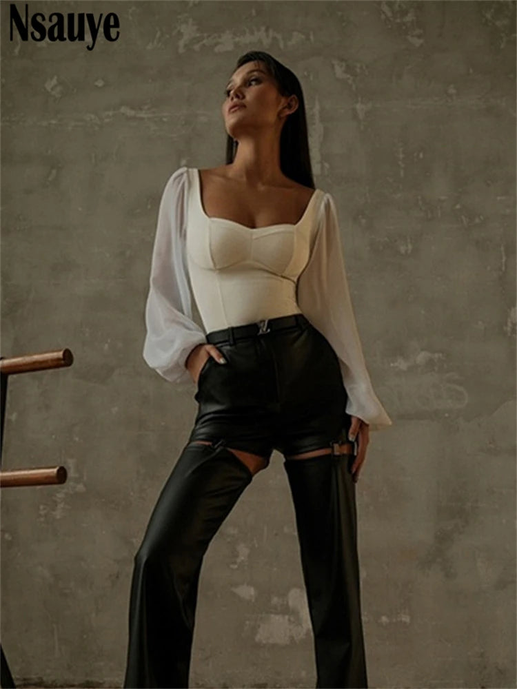 Nsauye 2022 Autumn Summer Sheath Long Puff Sleeve Skinny Women Rompers Bodysuits Y2K Square Collar Fashion Jumpsuit Body Tops