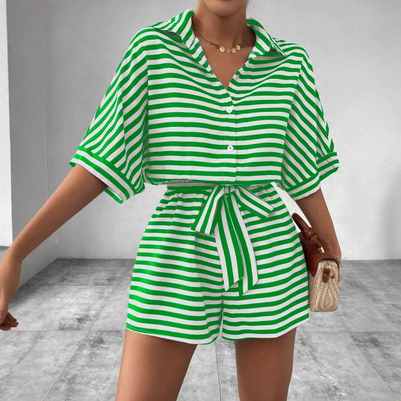 Summer New Set For Women's Casual Loose Comfortable Outfit Fashion Striped Batwing Sleeve Shirt Top+ Shorts 2-piece Sets Woman